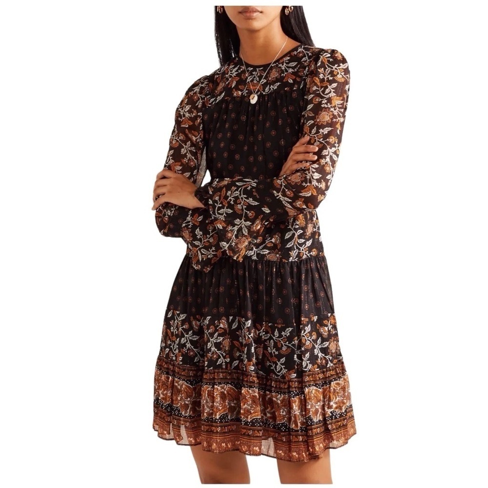 MICHAEL KORS | Bohemian Black & Gold Metallic Floral Long Sleeve Dress | Small